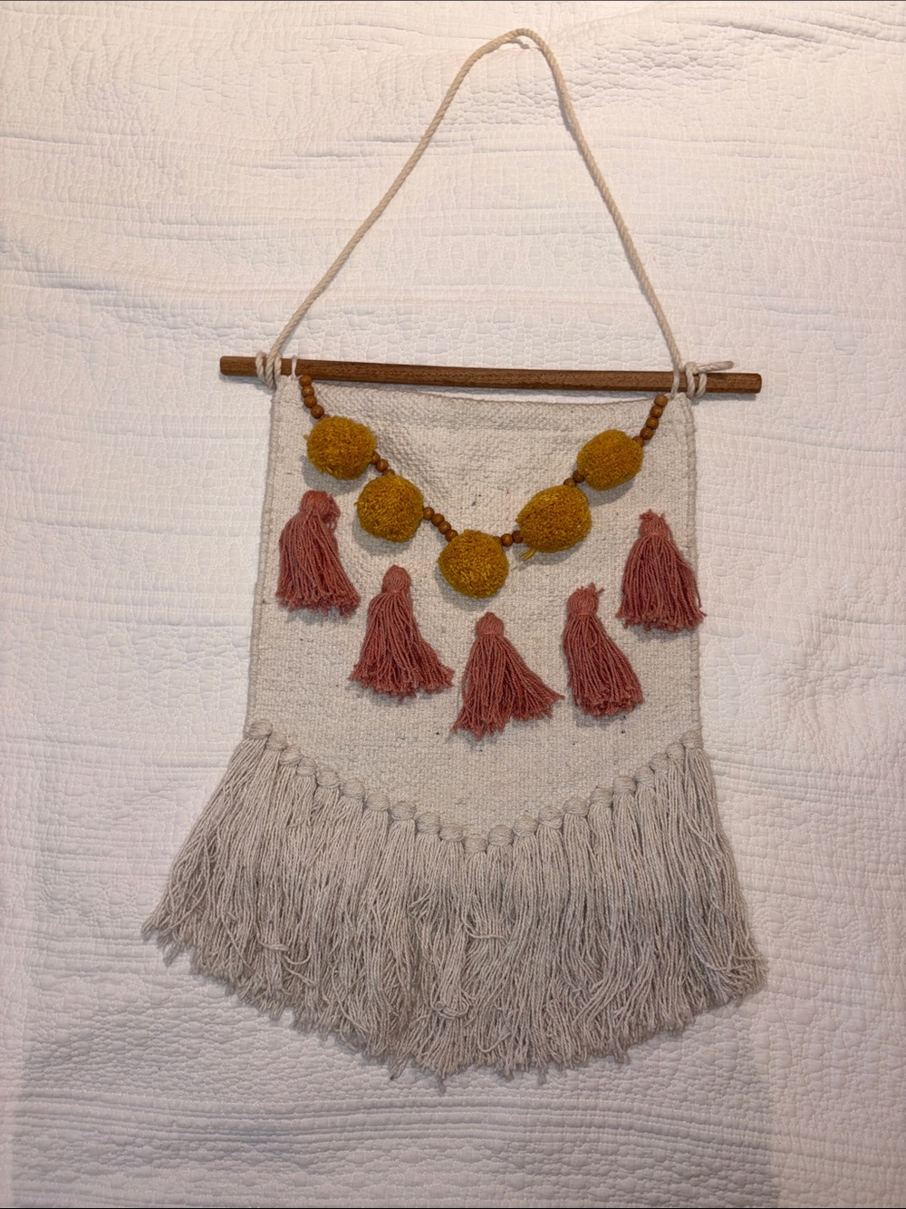Atmosphere Cream Woven Tapestry with Mustard Poms and Rose Tassels